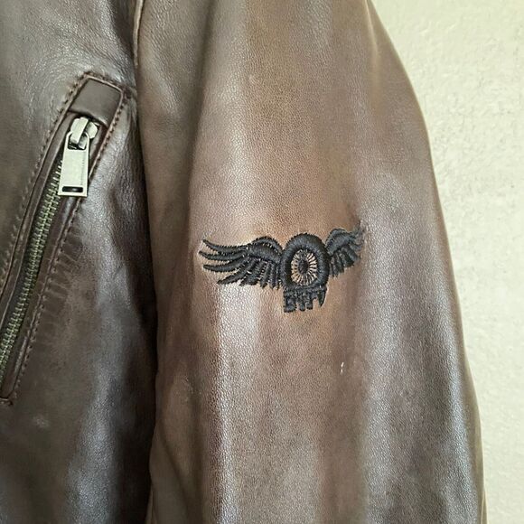 BH Vintage XXL Leather Men's Coat Brown Collar Hood Pockets Snaps And Zipper - Picture 2 of 8